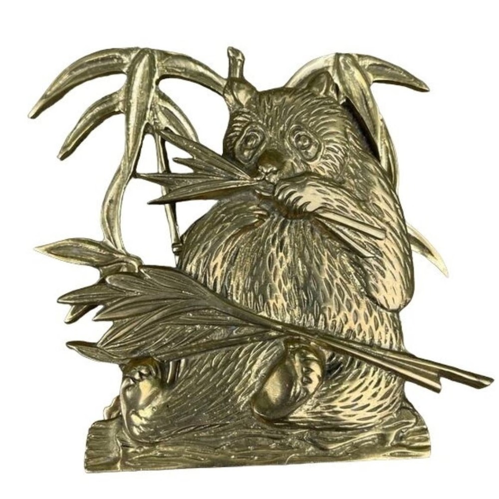 Vintage Solid Brass Panda Bear Bamboo Napkin Letter Holder Decorative Display